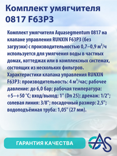 Комплект умягчителя Aquasegmentum 0817 на клапане управления RUNXIN F63P3 (без загрузки). Производительность 0,7-0,9 м3/ч. фото 8