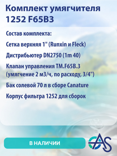 Комплект умягчителя Aquasegmentum 1252 на клапане управления RUNXIN F65B3 (без загрузки). Производительность 1,8-2,2 м3/ч. фото 10